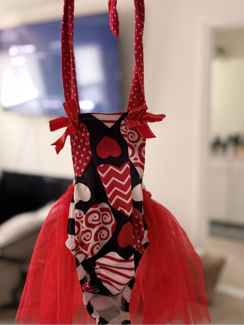 Red Heart-Print Tulle Kids One-Piece Bodysuit